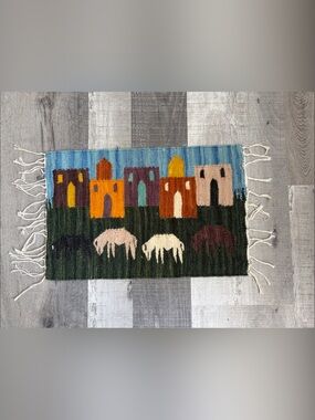 Vintage Handmade Pictorial Folk Art Wool Tapestry 19.5"x12.5"